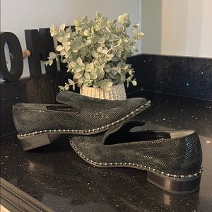 *Adrianna Papell Black Leather Chevron Snake Silver Studs Slip-On Loafers